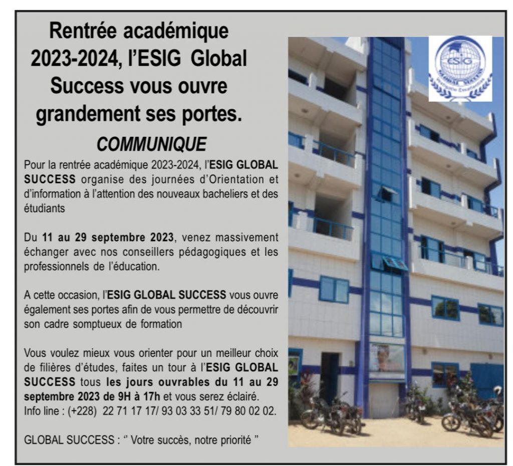 Togo: Rentrée académique 2023-2024 l’ESIG GLOBAL SUCCESS (Communiqué)
